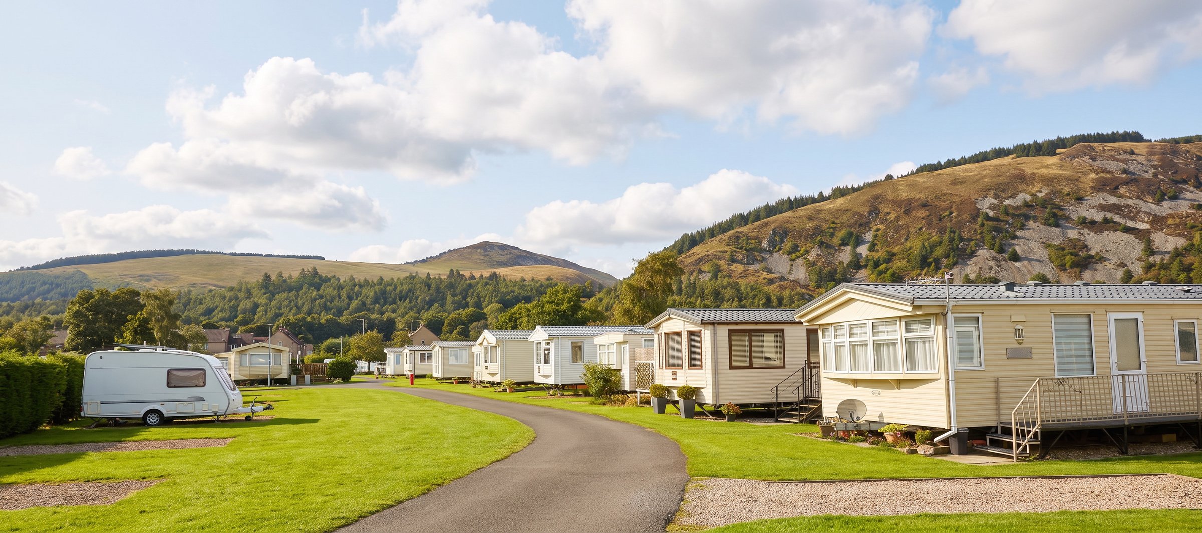 Static caravans lined along a tarmac road at Tweedside Caravan Park, with the wooded hills of the Tweed Valley behind