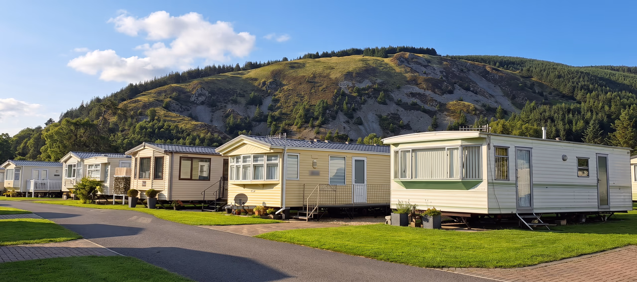 A row of static caravans along a tarmac road at Tweedside, with a steep wooded hill rising behind