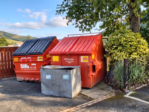 Recycling and general waste bins beside a hedge at the edge of the park